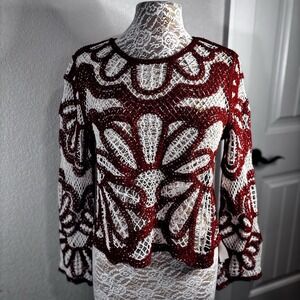 Crochet Floral Women's Sweater  Rust/ Ivory S Long Sleeve Artsy Vintage Inspired